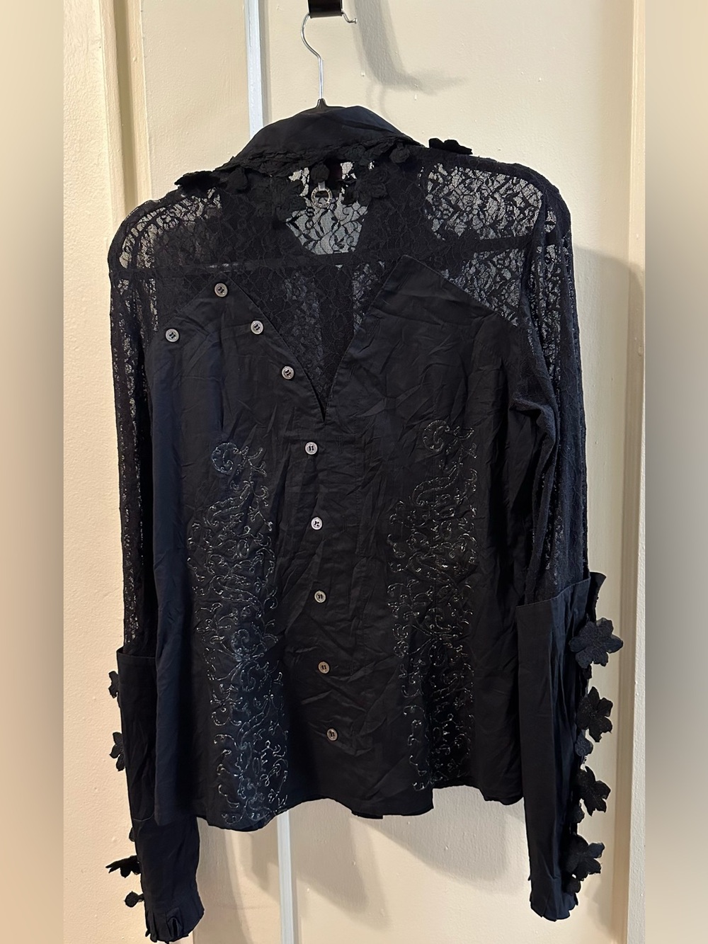 Save The Queen Women's Black Lace Back Embroidered Button-Down Shirt
